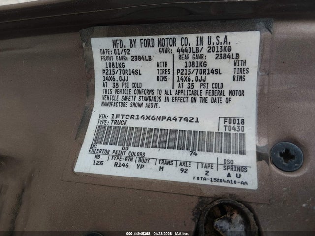 Продажа на аукционе авто 1992 Ford Ranger Super Cab, vin: 1FTCR14X6NPA47421, номер лота: 44945368
