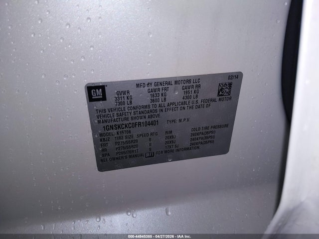 44945385 :رقم المزاد ، 1GNSKCKC0FR104401 vin ، 2015 Chevrolet Tahoe Ltz مزاد بيع
