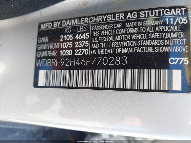 44945400 :رقم المزاد ، WDBRF92H46F770283 vin ، 2006 Mercedes-benz C 280 Luxury 4matic مزاد بيع