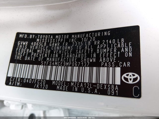 44945409 :رقم المزاد ، 5YFS4MCE9MP067137 vin ، 2021 Toyota Corolla Se Nightshade Edition مزاد بيع