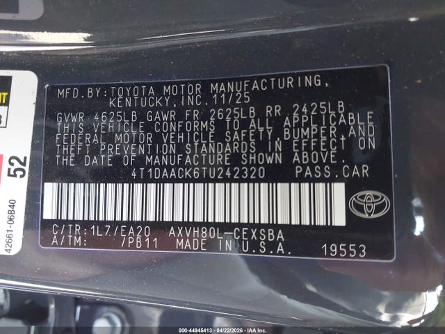 44945413 :رقم المزاد ، 4T1DAACK6TU242320 vin ، 2026 Toyota Camry Se مزاد بيع