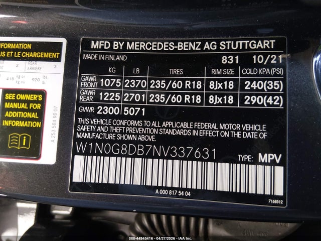 W1N0G8DB7NV337631 Mercedes-Benz Glc 300 Suv