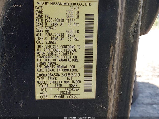Aukcja sprzedaży 2008 Nissan Titan Se, vin: 1N6BA06A58N308329, numer aukcji: 44945421