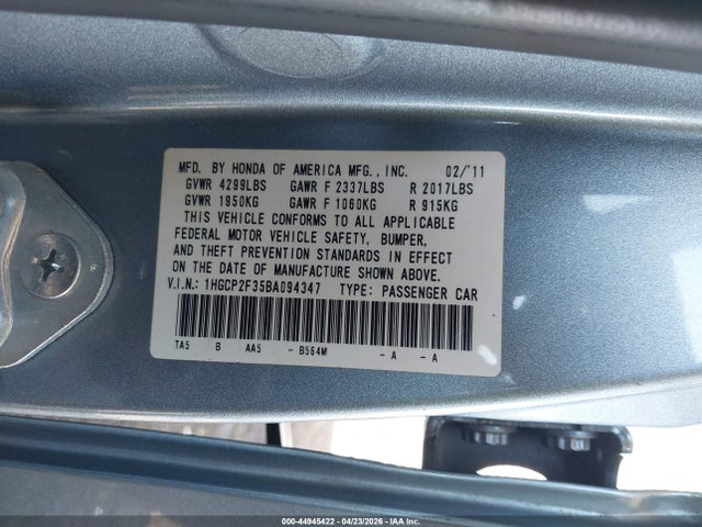 2011 Honda Accord 2.4 Lx მანქანა იყიდება აუქციონზე, vin: 1HGCP2F35BA094347, აუქციონის ნომერი: 44945422