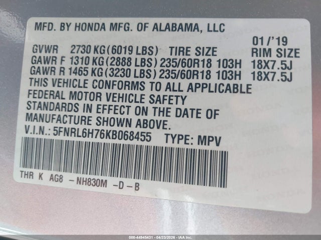 Продажа на аукционе авто 2019 Honda Odyssey Ex-l, vin: 5FNRL6H76KB068455, номер лота: 44945431