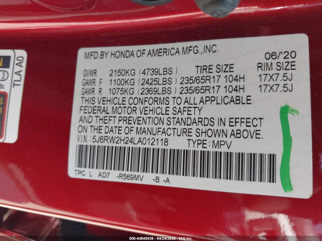 44945436 :رقم المزاد ، 5J6RW2H24LA012118 vin ، 2020 Honda Cr-v Awd Lx مزاد بيع