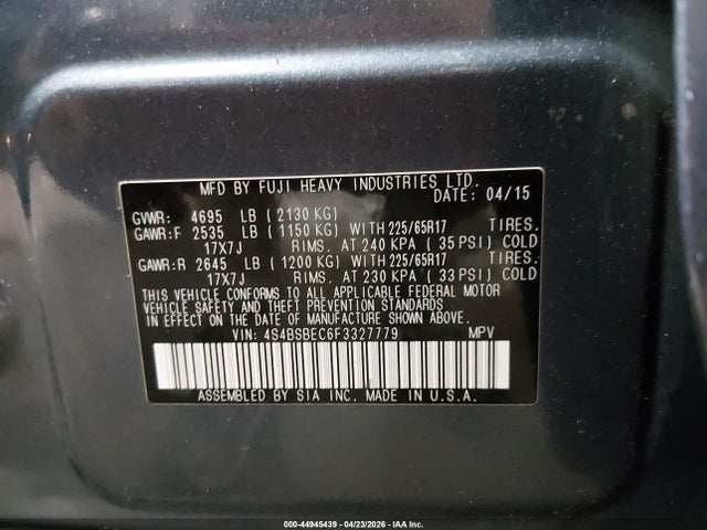 44945439 :رقم المزاد ، 4S4BSBEC6F3327779 vin ، 2015 Subaru Outback 2.5i Premium مزاد بيع