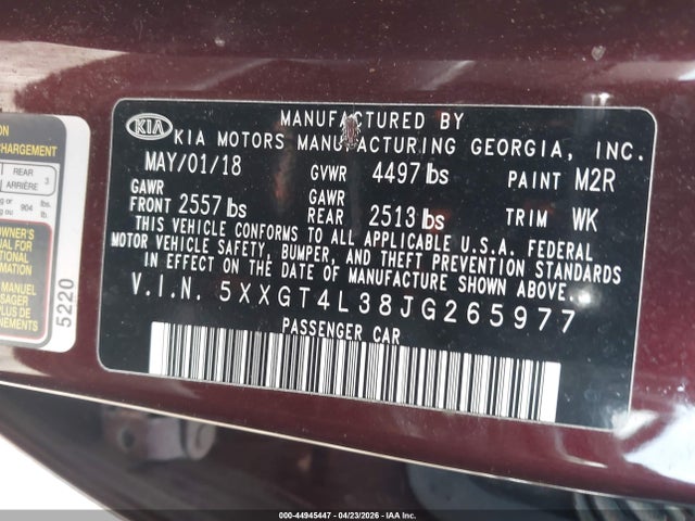 2018 Kia Optima Lx მანქანა იყიდება აუქციონზე, vin: 5XXGT4L38JG265977, აუქციონის ნომერი: 44945447