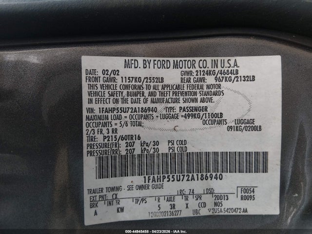 Продаж на аукціоні авто 2002 Ford Taurus Ses, vin: 1FAHP55U72A186940, номер лоту: 44945458