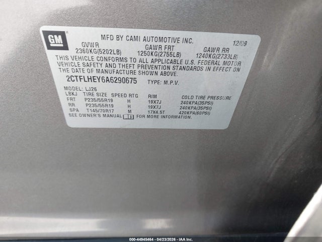 Aukcja sprzedaży 2010 Gmc Terrain Slt-2, vin: 2CTFLHEY6A6290675, numer aukcji: 44945464