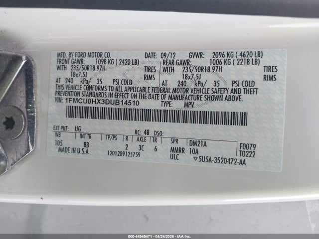 44945471 :رقم المزاد ، 1FMCU0HX3DUB14510 vin ، 2013 Ford Escape Sel مزاد بيع