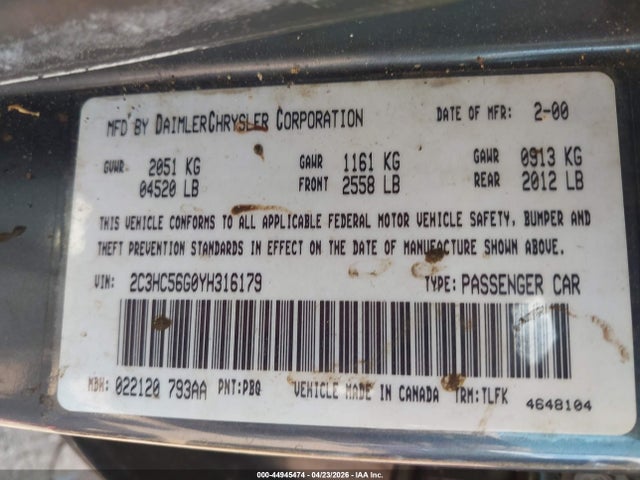 44945474 :رقم المزاد ، 2C3HC56G0YH316179 vin ، 2000 Chrysler Lhs مزاد بيع