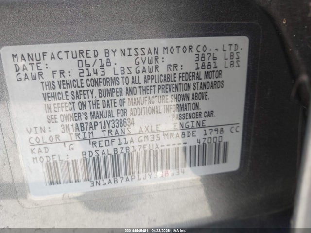 Aukcja sprzedaży 2018 Nissan Sentra S, vin: 3N1AB7AP1JY338634, numer aukcji: 44945481
