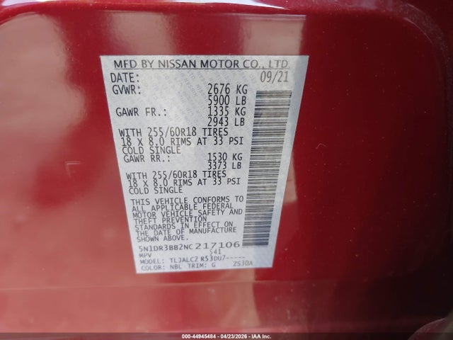 2022 Nissan Pathfinder Sv 2wd მანქანა იყიდება აუქციონზე, vin: 5N1DR3BB2NC217106, აუქციონის ნომერი: 44945484