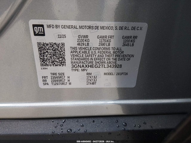 Aukcja sprzedaży 2026 Chevrolet Equinox Fwd Lt, vin: 3GNAXHEG2TL343928, numer aukcji: 44945492