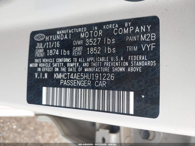 Продажа на аукционе авто 2017 Hyundai Accent Se, vin: KMHCT4AE5HU191226, номер лота: 44945494