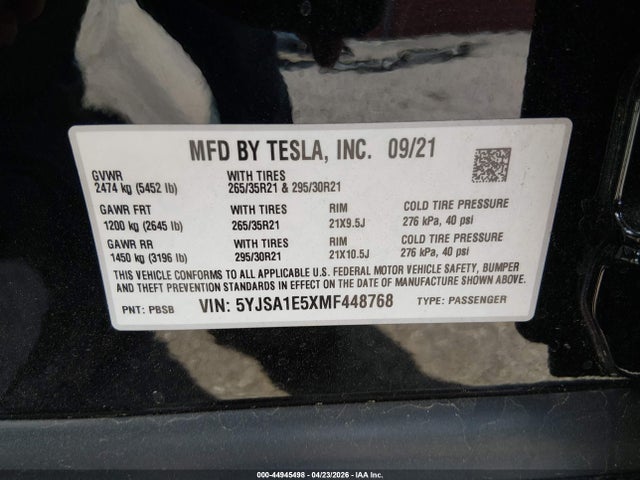 Aukcja sprzedaży 2021 Tesla Model S Long Range Dual Motor All-wheel Drive, vin: 5YJSA1E5XMF448768, numer aukcji: 44945498