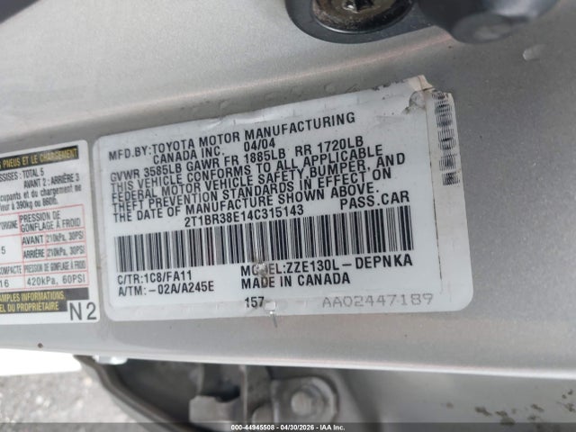 Продажа на аукционе авто 2004 Toyota Corolla Le, vin: 2T1BR38E14C315143, номер лота: 44945508