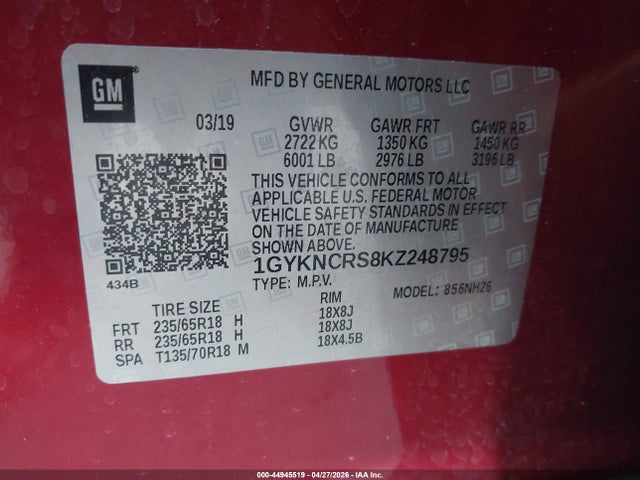1GYKNCRS8KZ248795 Cadillac XT5 LUXURY