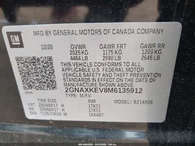 Aukcja sprzedaży 2021 Chevrolet Equinox Fwd Lt, vin: 2GNAXKEV8M6135912, numer aukcji: 44945528