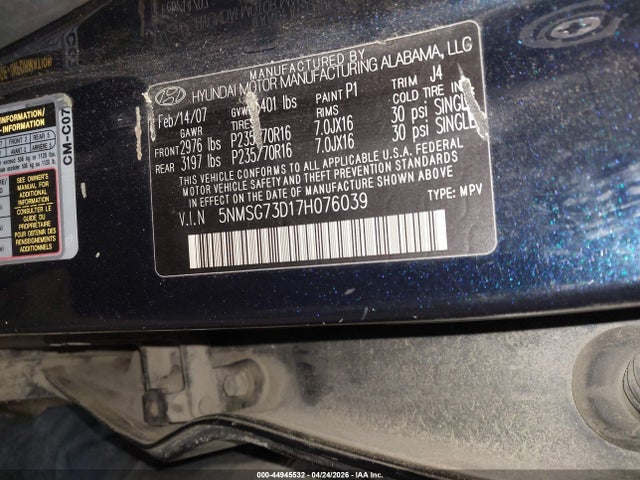 Aukcja sprzedaży 2007 Hyundai Santa Fe Gls, vin: 5NMSG73D17H076039, numer aukcji: 44945532