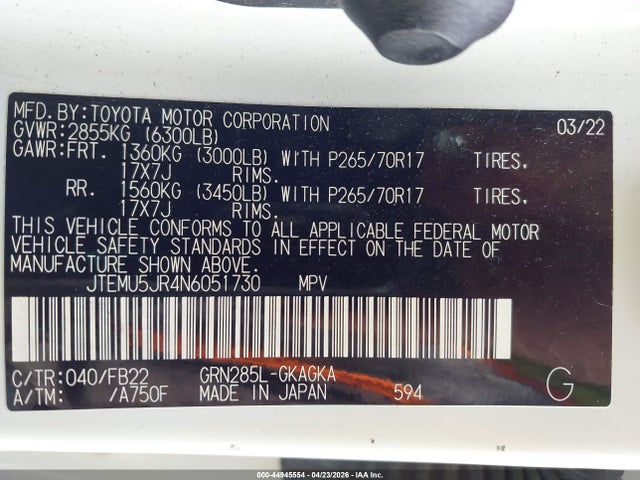 44945554 :رقم المزاد ، JTEMU5JR4N6051730 vin ، 2022 Toyota 4runner Sr5 مزاد بيع