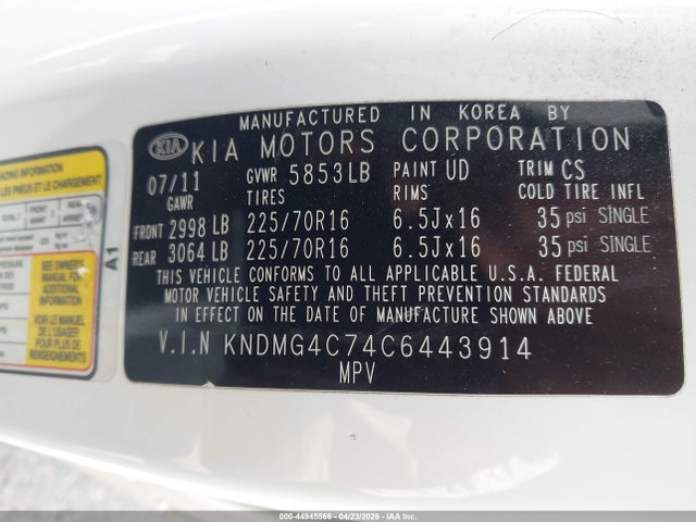 2012 Kia Sedona Lx მანქანა იყიდება აუქციონზე, vin: KNDMG4C74C6443914, აუქციონის ნომერი: 44945566