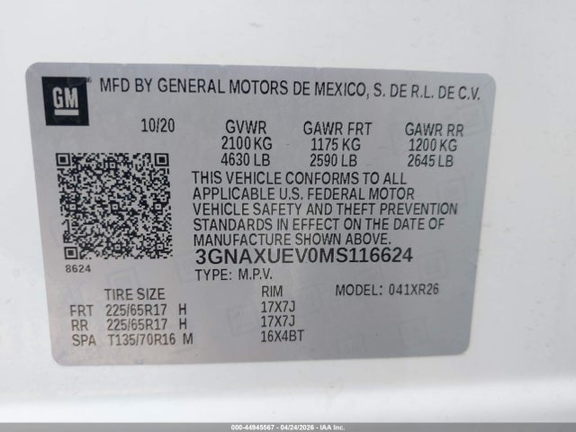 Продажа на аукционе авто 2021 Chevrolet Equinox Awd Lt, vin: 3GNAXUEV0MS116624, номер лота: 44945567
