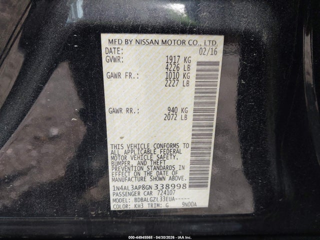 Aukcja sprzedaży 2016 Nissan Altima 2.5/2.5 S/2.5 Sl/2.5 Sr/2.5 Sv, vin: 1N4AL3AP8GN338998, numer aukcji: 44945568
