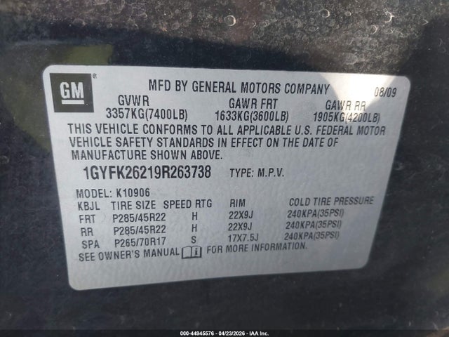 Aukcja sprzedaży 2009 Cadillac Escalade Esv Standard, vin: 1GYFK26219R263738, numer aukcji: 44945576
