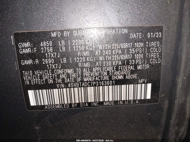 Продаж на аукціоні авто 2023 Subaru Outback Premium, vin: 4S4BTADC7P3163601, номер лоту: 44945579