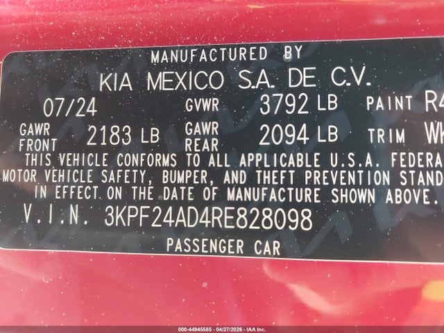 Aukcja sprzedaży 2024 Kia Forte Lxs, vin: 3KPF24AD4RE828098, numer aukcji: 44945585