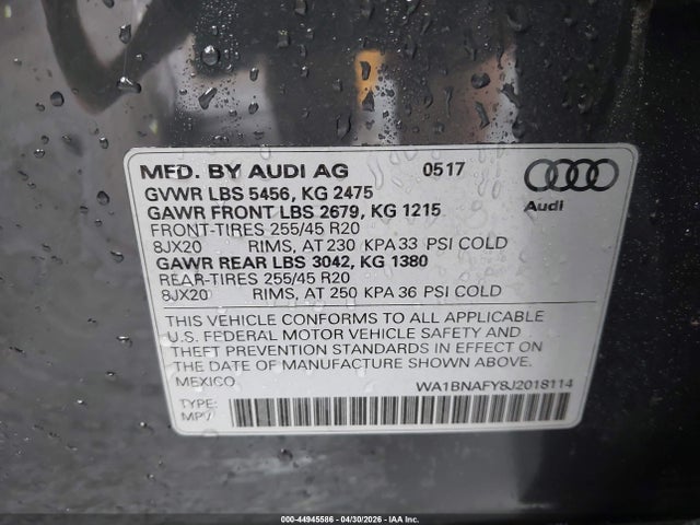 Продаж на аукціоні авто 2018 Audi Q5 2.0t Premium/2.0t Tech Premium, vin: WA1BNAFY8J2018114, номер лоту: 44945586