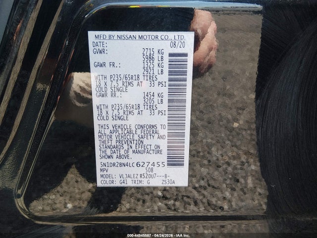 44945587 :رقم المزاد ، 5N1DR2BN4LC627455 vin ، 2020 Nissan Pathfinder Sv 2wd مزاد بيع