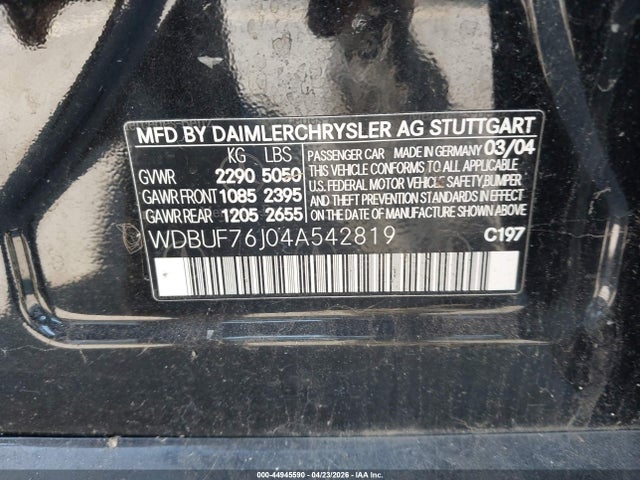 Aukcja sprzedaży 2004 Mercedes-benz E 55 Amg, vin: WDBUF76J04A542819, numer aukcji: 44945590