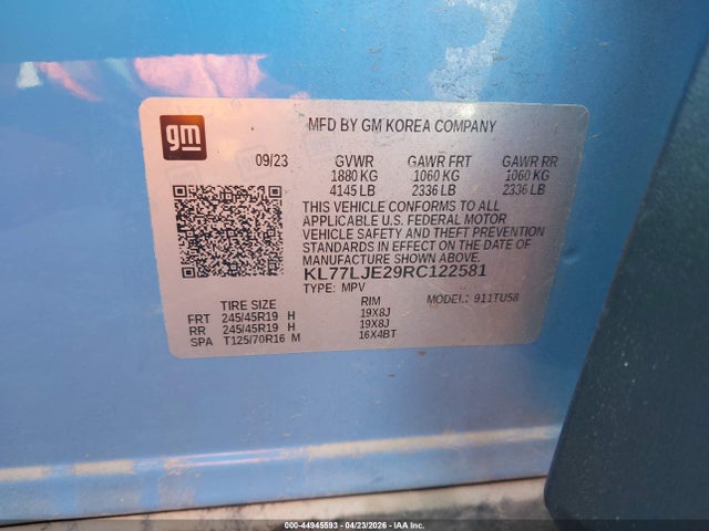 44945593 :رقم المزاد ، KL77LJE29RC122581 vin ، 2024 Chevrolet Trax Fwd 2rs مزاد بيع