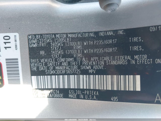 Aukcja sprzedaży 2015 Toyota Sienna Le 8 Passenger, vin: 5TDKK3DC8FS657725, numer aukcji: 44945598