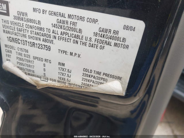 44945602 :رقم المزاد ، 1GNEC13T15R123759 vin ، 2005 Chevrolet Tahoe Lt مزاد بيع