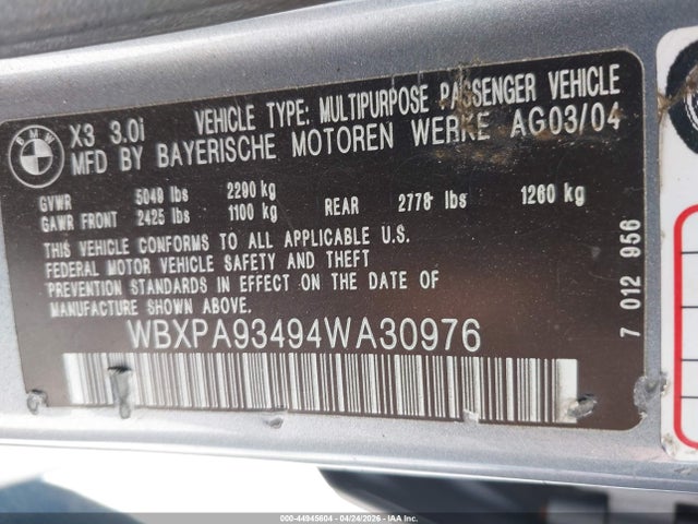 Продажа на аукционе авто 2004 Bmw X3 3.0i, vin: WBXPA93494WA30976, номер лота: 44945604