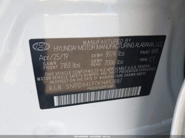 Продаж на аукціоні авто 2019 Hyundai Elantra Sel, vin: 5NPD84LF0KH492987, номер лоту: 44945606