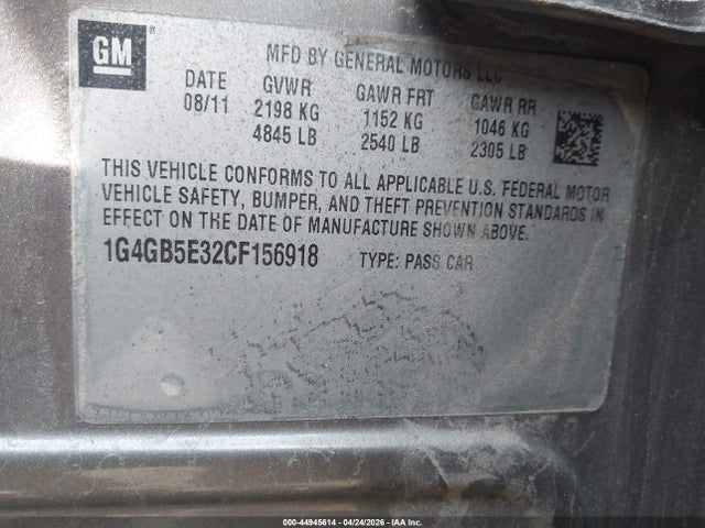 Продаж на аукціоні авто 2012 Buick Lacrosse Convenience Group, vin: 1G4GB5E32CF156918, номер лоту: 44945614
