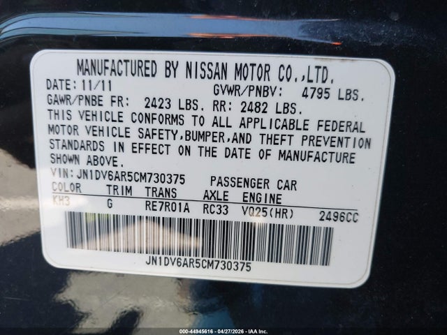 44945616 :رقم المزاد ، JN1DV6AR5CM730375 vin ، 2012 Infiniti G25x مزاد بيع