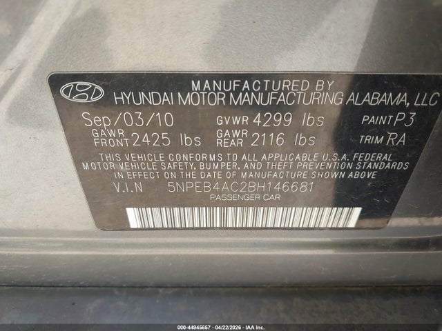 44945657 :رقم المزاد ، 5NPEB4AC2BH146681 vin ، 2011 Hyundai Sonata Gls مزاد بيع