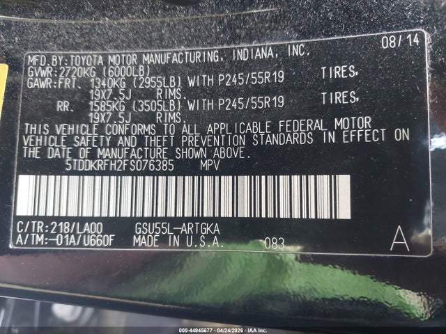 Toyota Highlander Limited V6 2015 5TDDKRFH2FS076385 Image 9