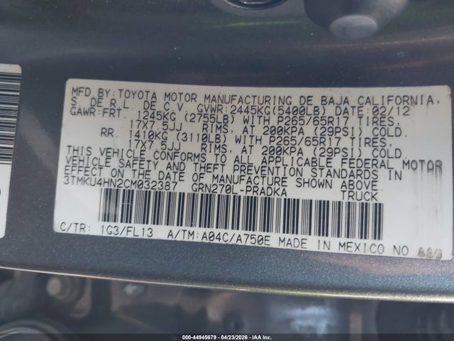 Aukcja sprzedaży 2012 Toyota Tacoma Prerunner V6, vin: 3TMKU4HN2CM032387, numer aukcji: 44945679