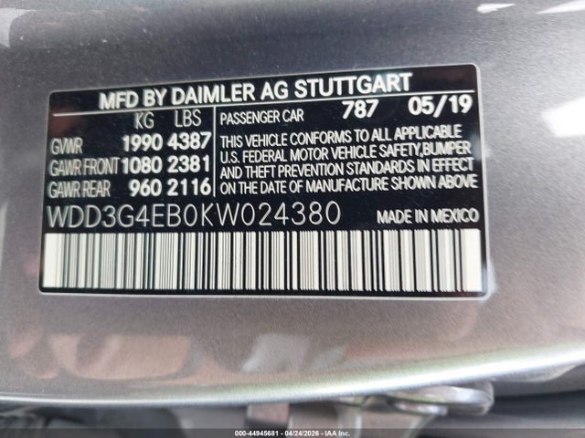 Aukcja sprzedaży 2019 Mercedes-benz A 220, vin: WDD3G4EB0KW024380, numer aukcji: 44945681
