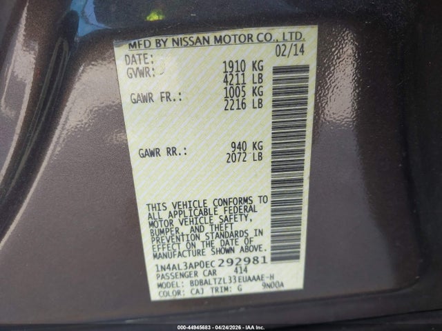 2014 Nissan Altima 2.5 Sv მანქანა იყიდება აუქციონზე, vin: 1N4AL3AP0EC292981, აუქციონის ნომერი: 44945683
