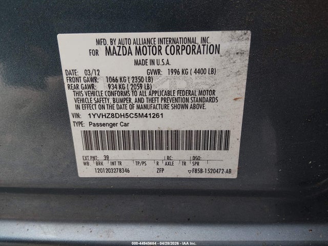 44945684 :رقم المزاد ، 1YVHZ8DH5C5M41261 vin ، 2012 Mazda Mazda6 مزاد بيع