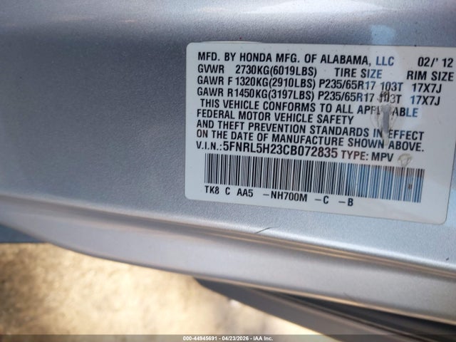Продажа на аукционе авто 2012 Honda Odyssey Lx, vin: 5FNRL5H23CB072835, номер лота: 44945691