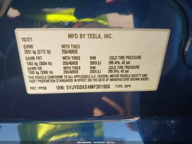 Продажа на аукционе авто 2021 Tesla Model Y Long Range Dual Motor All-wheel Drive, vin: 5YJYGDEE4MF301906, номер лота: 44945692